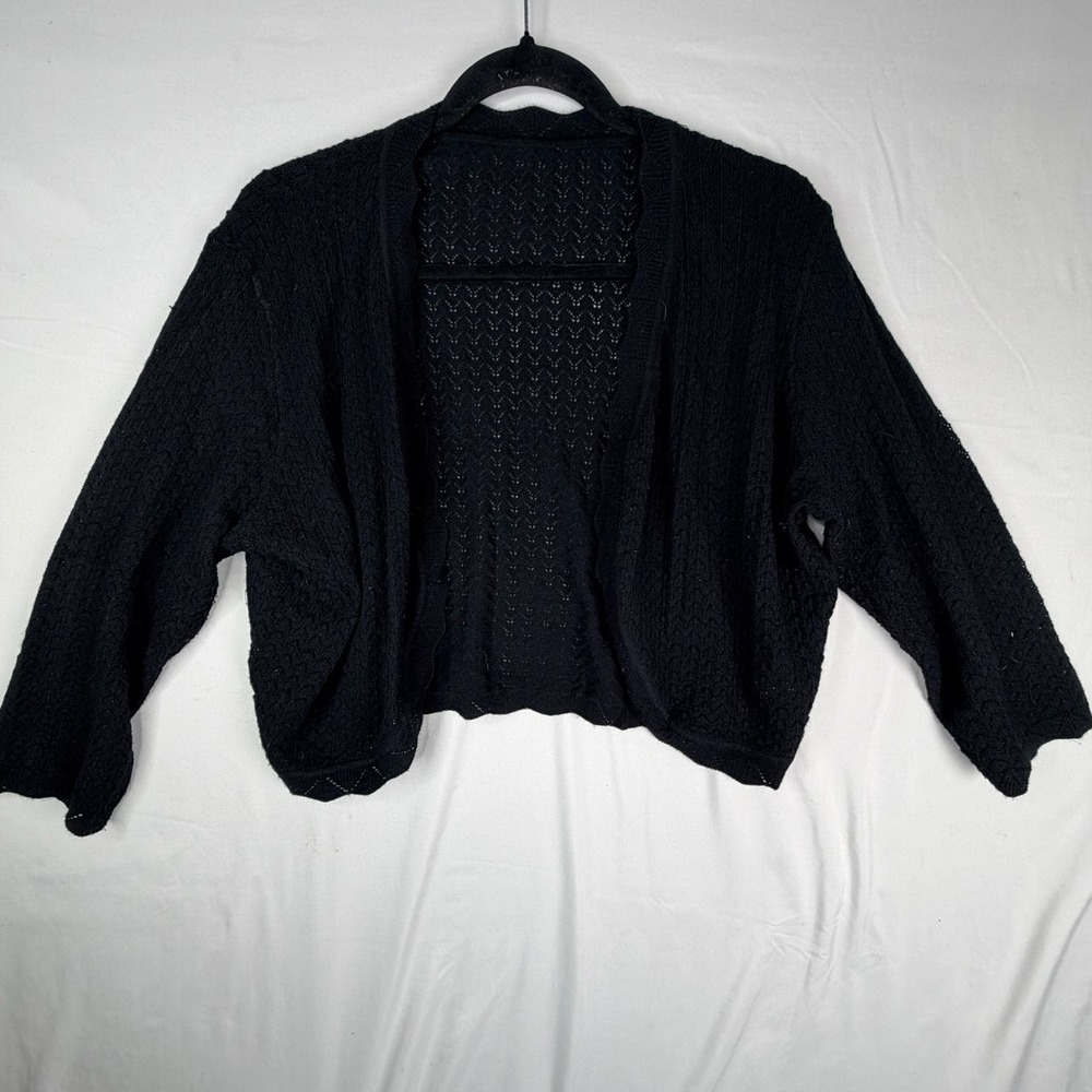 Jokelamb Black Pointelle Knit Cropped Open Front Cardigan Merino Wool Blend XL